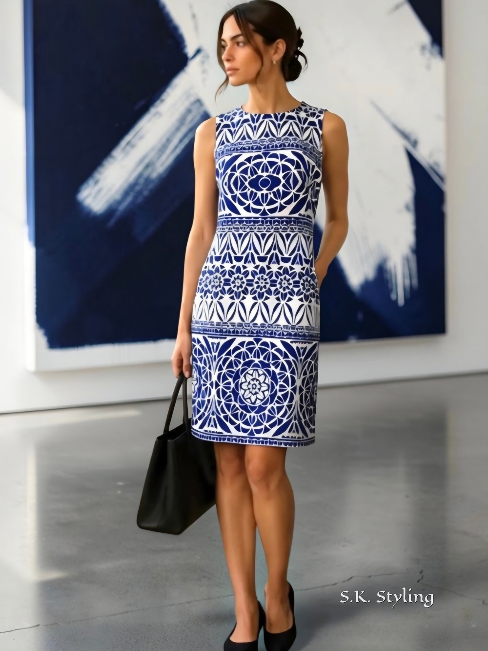 Taylor Blue White Chinoiserie Tile Medallion Sheath Dress Mediterranean size 12